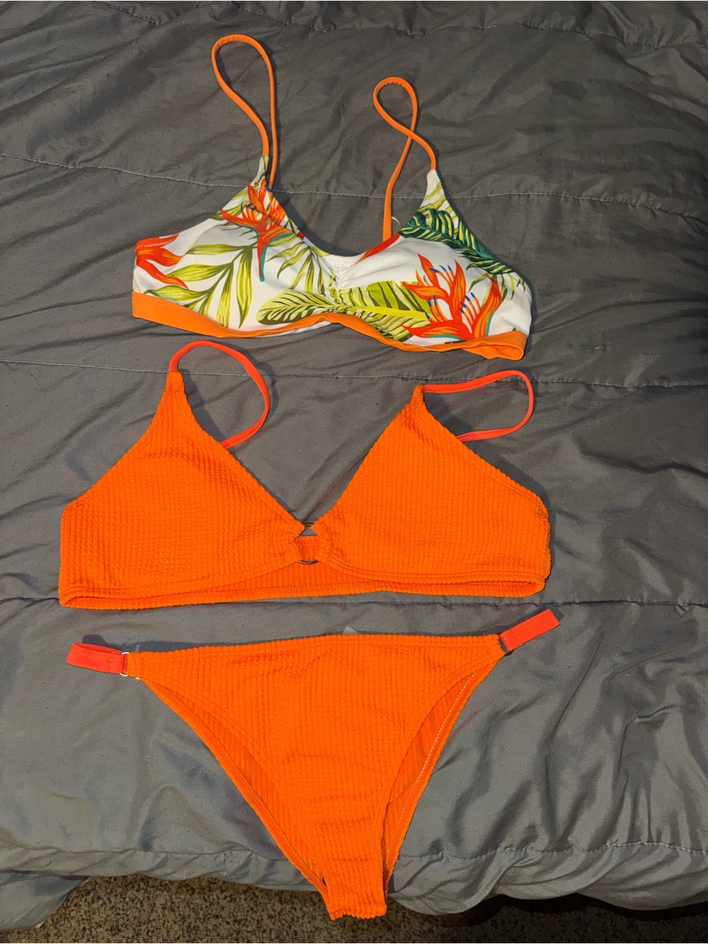 Bright Orange Bikini Set + Tropical Print Bikini Top
